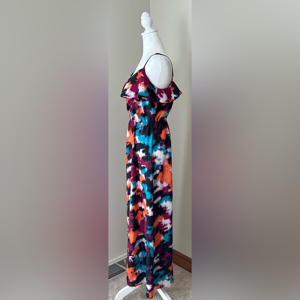 LOFT Vibrant Colorful Tie Dye Sleeveless Ruffled Maxi Dress Size 14 Petite - Picture 4 of 7
